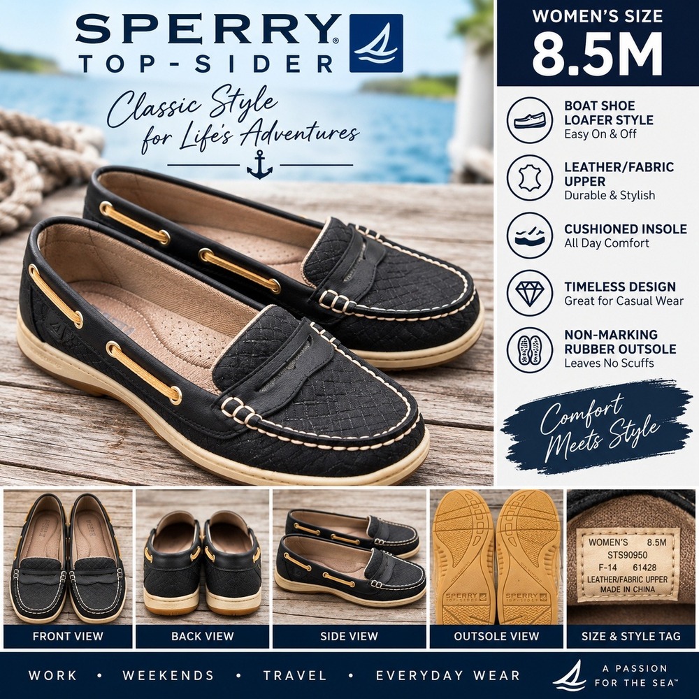 Sperry Top-Sider Women 8.5M Black Quilted Leather Boat Shoe Loafers STS90950
